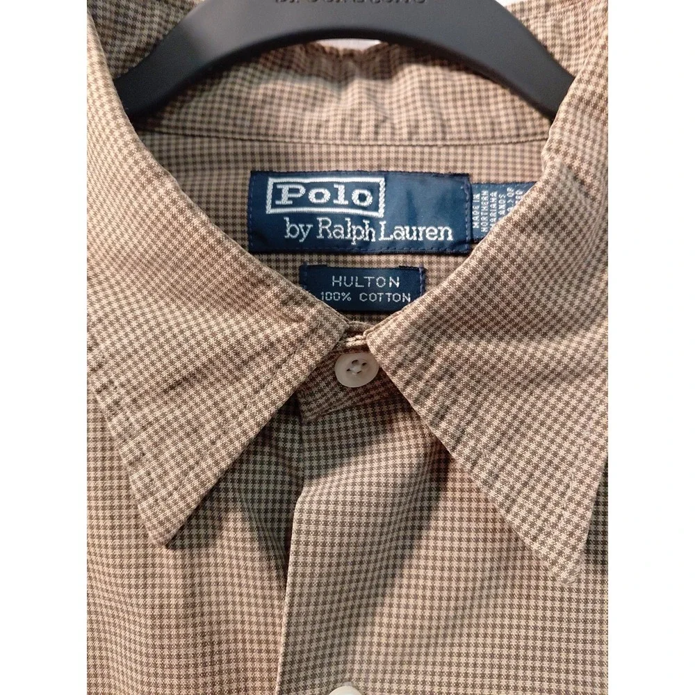 Vintage 90s Y2k Polo Ralph Lauren Hulton Shirt Mens L Brown Houndstooth‎ Cotton
